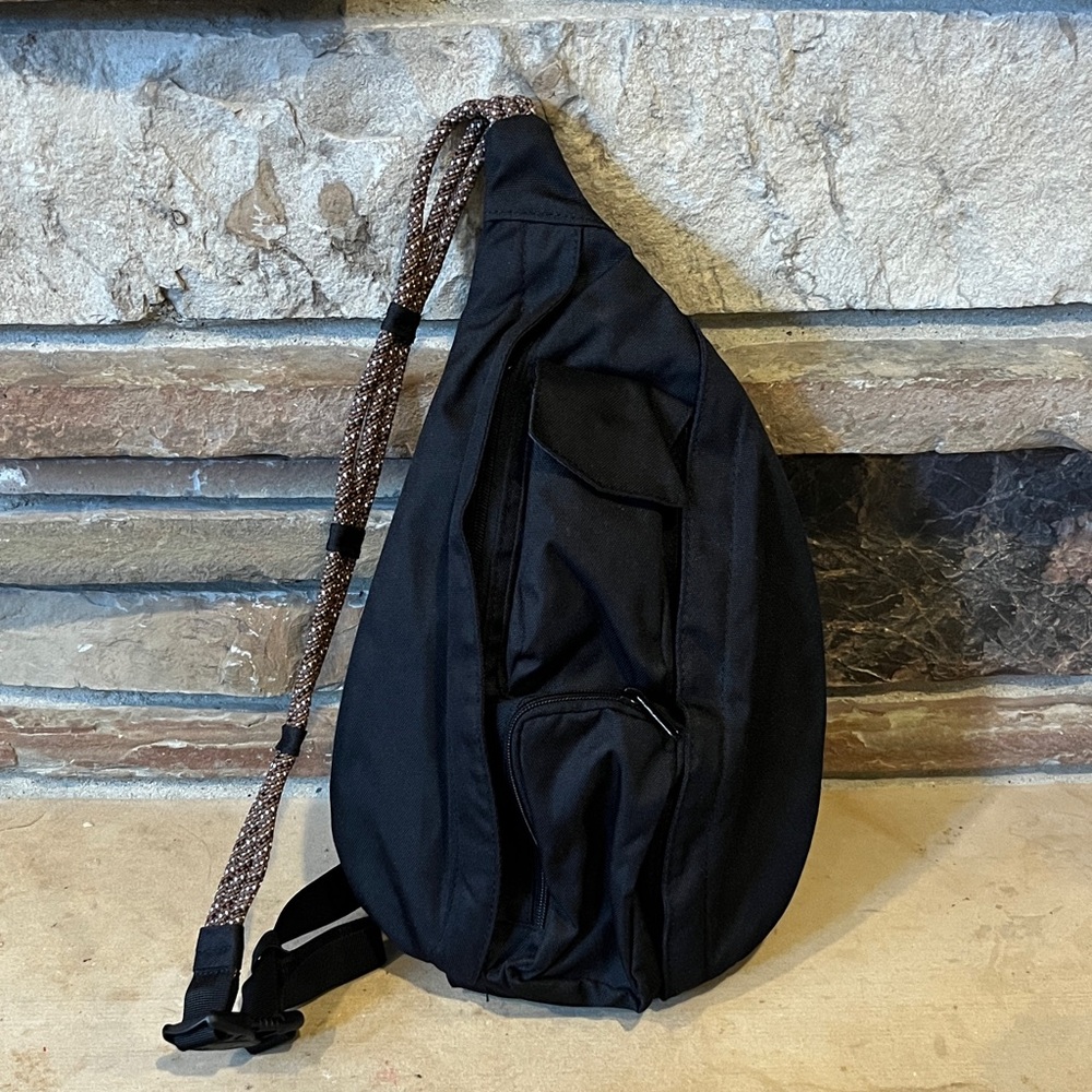 Kavu Black Sling Mini Backpack with Brown Patterned Rope Strap